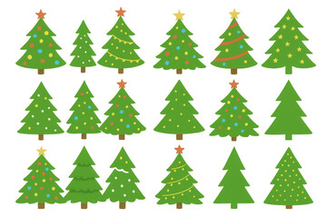Obraz premium Set of festive christmas trees in different styles with decorations and stars, isolated on transparent background