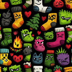 Angry Christmas Seamless Pattern with Socks and Trees, Spooky Holiday Theme