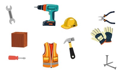 Animated collection of construction equipment tools set for repair, build, and DIY tasks. - Powered by Adobe