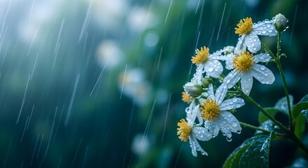 Delicate white wildflowers with yellow centers glistening with fresh raindrops during a gentle shower