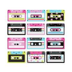 Colorful Retro Cassette Tape Pattern with Vintage Pop Neon Aesthetic Design