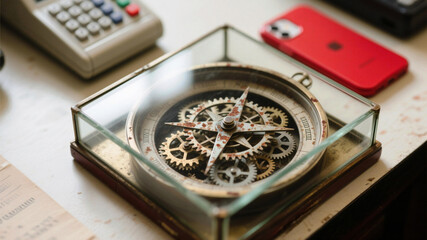 Columbus Day Intricate antique compass with visible gears encased in glass, suggesting history, navigation, and precision alongside modern technology like a smartphone.