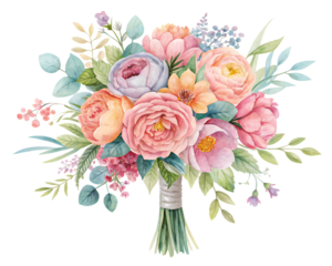  watercolor flowers and wedding bouquet isolated on white background, ,PNG. AI Generated