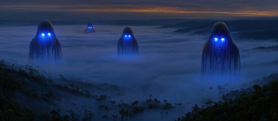 Three mysterious figures, cloaked in darkness, stand amidst a misty mountain landscape at twilight, glowing with eerie blue light.