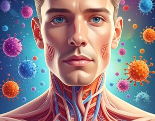 Anatomical illustration of a human neck and face, with viruses
