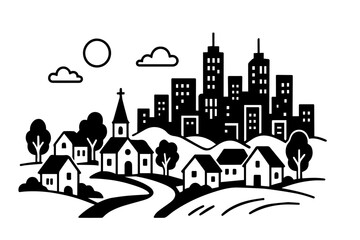 Obraz premium Here you go—your custom black and white vector image blending the charm of a peaceful village with the bold skyline of a bustling city. The winding road connects both worlds, making it a perfect visua
