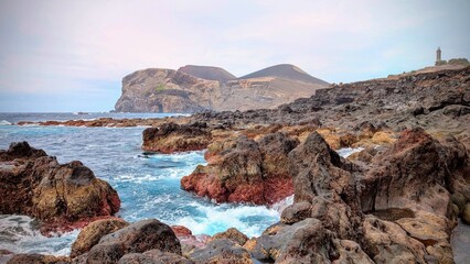 Volcanic Landscape of Capelinhos on Faial Island, Azores with Rugged Coastline
