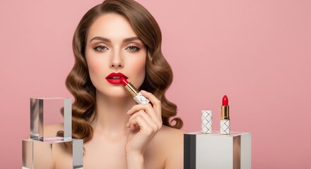 Stylish beauty shot of a model with wavy hair applying vibrant red lipstick. a chic, editorial vibe. Generative Ai. Close-up of a woman applying red lipstick in a modern studio setting.