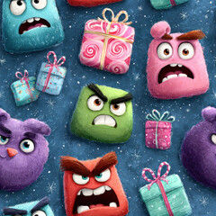 Angry Monsters & Gift Pattern, Colorful Cartoon Characters on Dark Blue