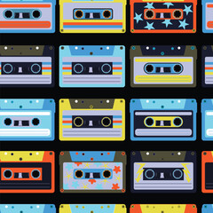 Vibrant Seamless Retro Cassette Tape Pattern Background with Neon Synthwave Aesthetic Design