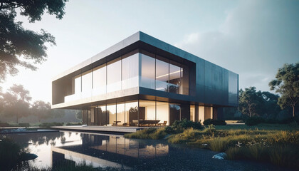 Architecture new trend, modern house with natural swimming pool and garden