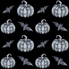 Seamless watercolor background for halloween funny smiling pumpkins bats black ink on black hand drawn with a brush