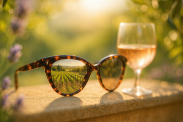 Tortoiseshell Sunglasses with Vineyard Reflection and Rosé Wine in Golden Garden Light