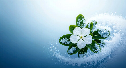 White Flower with Green Leaves and Swirling Frost on Blue Gradient Background for Nature Styling and Visual Impact
