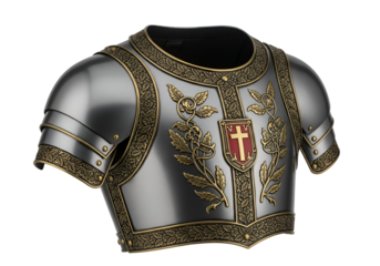 Ornate medieval armor, showcasing intricate gold filigree detailing and a red cross emblem, presented against a stark black background.