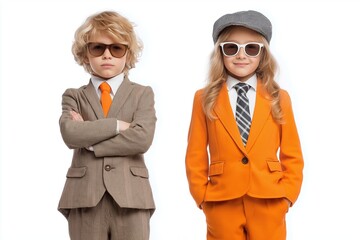 Trendy Kids Fashion Models in Stylish Orange Suits and Accessories &ndash; Confidence and Creativity in Formal Wear Portrait Photography