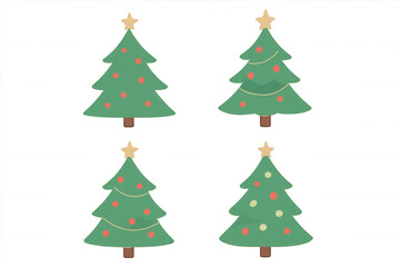 Festive christmas tree illustrations with ornaments and stars on transparent background for holiday decoration design