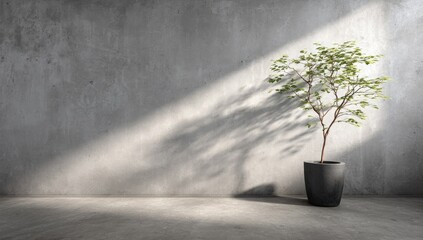 A minimalist, modern interior scene features a potted plant casting dramatic shadows on a textured concrete wall.