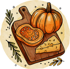 Watercolor style illustration of autumn composition with pumpkin, acorns, and colorful fall leaves. Cozy rustic seasonal design perfect for Thanksgiving, harvest celebration, autumn decorations