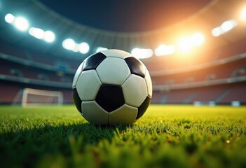 Close-up of a soccer ball on a green stadium field with bright stadium lights in the background and copy space, ideal for sports ads, team promotions, event posters, athletic branding campaigns, blogs
