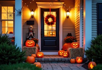 Festive house porch decorated for Halloween with carved pumpkins glowing with candles, hay bales, spider webs, skeletons and garlands, ideal for holiday ads, party invitations, seasonal promo, posters