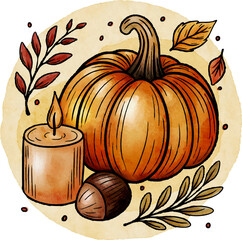 Watercolor style illustration of autumn composition with pumpkin, acorns, and colorful fall leaves. Cozy rustic seasonal design perfect for Thanksgiving, harvest celebration, autumn decorations