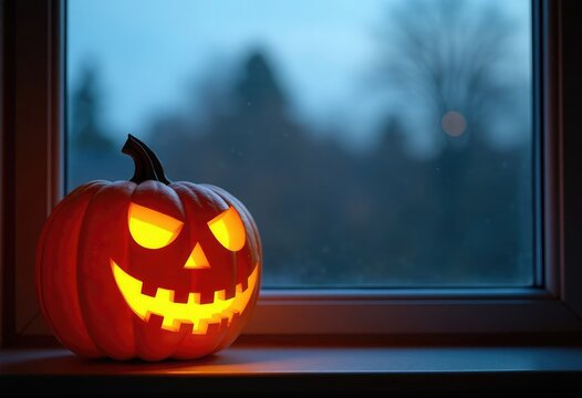 Glowing carved Jack-o’-lantern pumpkin lantern on a windowsill at dusk with a moody twilight background, ideal for Halloween ads, seasonal banners, card, invitations and copy space for text placement 