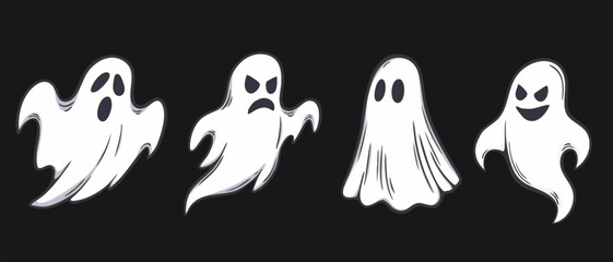Set of three cartoon ghosts in white sheets with black eyes, spooky Halloween illustration in flat vector style on dark background, perfect for holiday decorations, party design, and seasonal artwork.