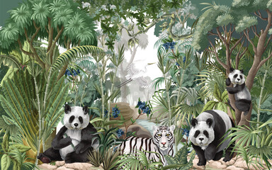 Tropical Jungle Mural with Pandas and White Tiger in Lush Greenery Scene