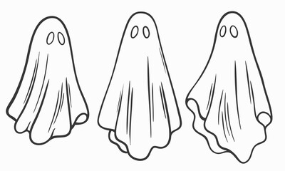 Set of three black and white ghost outlines, simple Halloween illustration in line art style, spooky cartoon characters with sheet costumes, isolated on white background, perfect for coloring pages