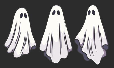 Set of three cartoon ghosts in white sheets with black eyes, spooky Halloween illustration in flat vector style on dark background, perfect for holiday decorations, party design, and seasonal artwork.
