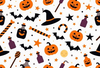 Seamless Halloween pattern with jack-o-lanterns, witch hats, flying bats, candies, stars, potions and moon. Ideal for festive backgrounds, packaging, party decor, invitations, seasonal designs, labels
