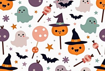 Seamless kawaii Halloween pattern with cute candies, bats, jack-o-lanterns, ghosts, stars and witch hats on white background. Ideal for packaging, invitations, textiles, children's products, apps, ads