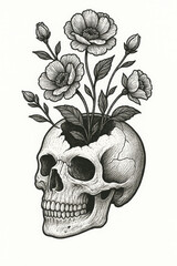 Fototapeta premium Skull with Blooming Flowers Illustration