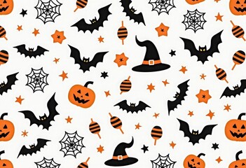 Seamless Halloween pattern with bats, spiderwebs, jack-o-lanterns, witch hats, candies and magic stars in black and orange on a white background. Ideal for festive design, decor, packaging, cards, ads