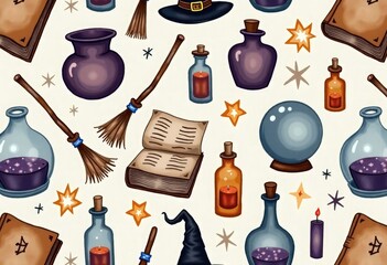 Seamless Halloween pattern with hand-drawn magical objects — spell books, crystal balls, potions, witch brooms and hats, candles and stars. Ink and watercolor texture, ideal for mystical designs, apps