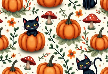 Seamless Halloween garden pattern with pumpkins, autumn flowers, enchanted red mushrooms, black cats and vines on a white background. Ideal for seasonal design, packaging, decor projects, labels, card