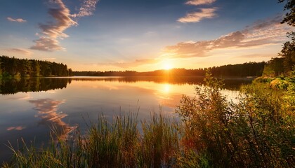 Fototapeta premium Breathtaking Summer Sunset Over Tranquil Lake Where Horizon Creates Stunning Reflection