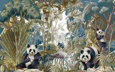 Tropical Jungle Mural with Pandas and White Tiger in Lush Greenery Scene