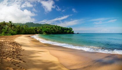 Obraz premium Secluded Beach In Sao Tome With Smooth Sand Gentle Waves And Dense Tropical Forest In The Background