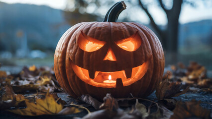 Close-Up Halloween Jack-O’-Lantern Pumpkin with Glowing Menacing Face on Autumn Leaves