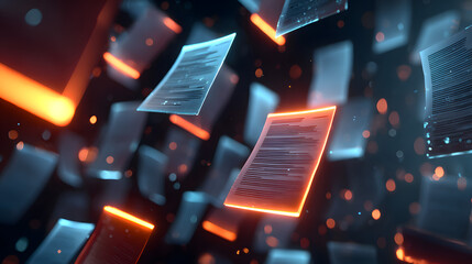 Dynamic futuristic digital data transfer concept with glowing blue and orange neon lights, floating holographic documents and abstract technology elements on dark background. High-resolution illustrat