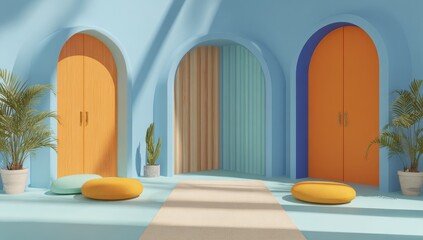 A stylized, vibrant walkway with three arched doorways in pastel hues, featuring decorative cushions and potted plants, creates a serene and cheerful ambiance.