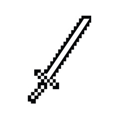 Pixel Art Sword Isolated on White Background, Retro Gaming Style, Black and White