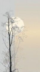 Silhouetted trees stand against a soft, pastel sunrise, hinting at a serene, misty morning landscape.