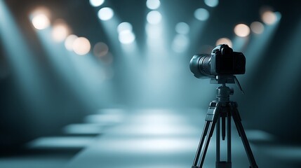 Vintage Camera on Tripod in Dark Blue Studio Setting