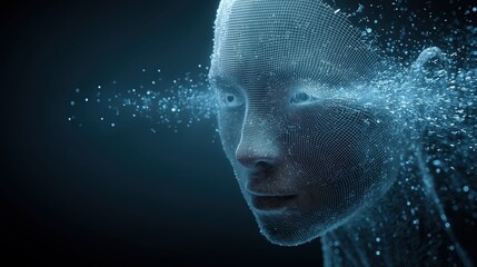 A digital representation of a human face made from particles, conveying a futuristic and abstract aesthetic, with a focus on artificial intelligence.