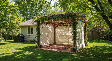 A festive sukkah surrounded by greenery on a sunny day.