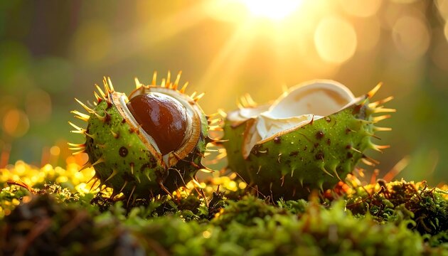 Two opened horse chestnuts on mossy ground, sunlit