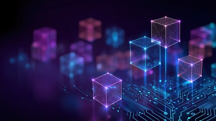 Fototapeta premium A digital representation of glowing cubes on a circuit board, highlighting technology, innovation, and the concept of data processing.